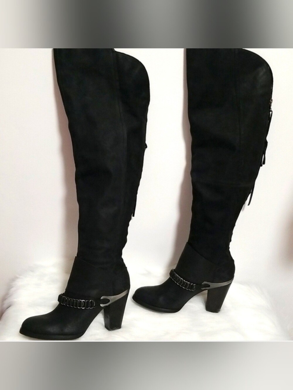 Miss Sixty Black Over-the-Knee Leather Heeled Boots with Chain Trim Y2K Style
